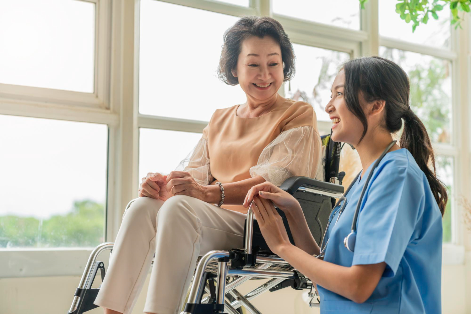 A nurse speaking with an older woman seated in a wheelchair by a window