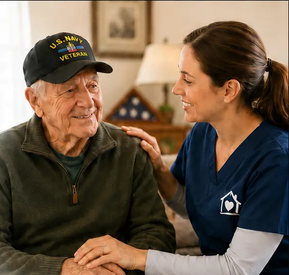 A Care Partner offering warm support to an older adult at home